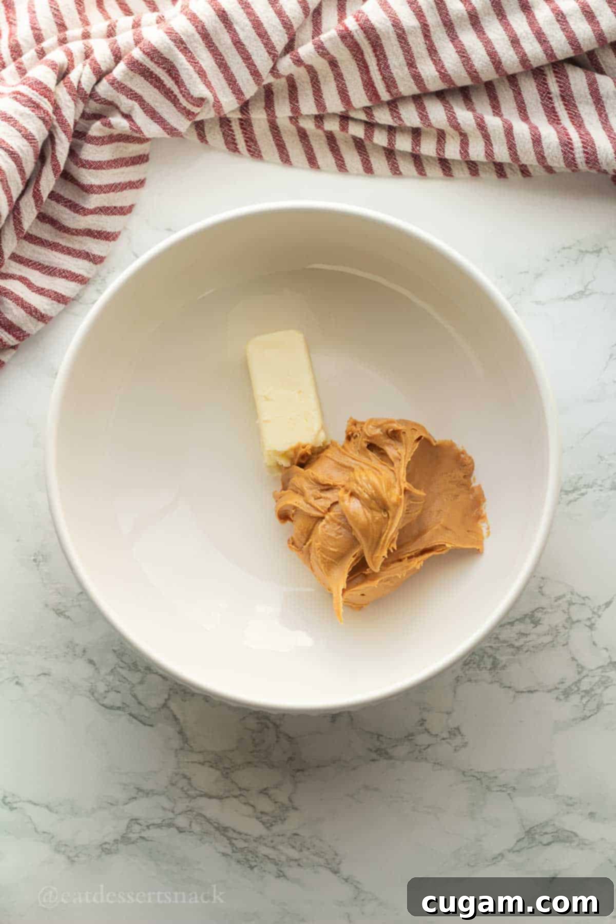 Peanut Butter Rice Crispy Bites 4 Butter and peanut butter in bowl.