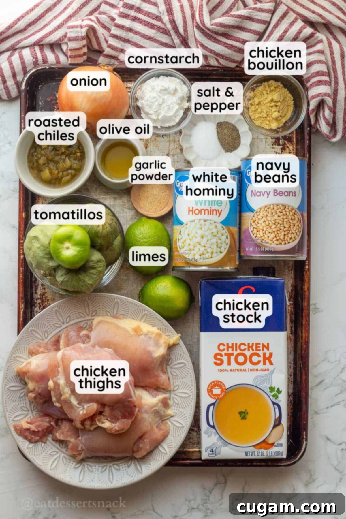 Green Chile Chicken Stew 3 A collection of labeled ingredients of green posole.