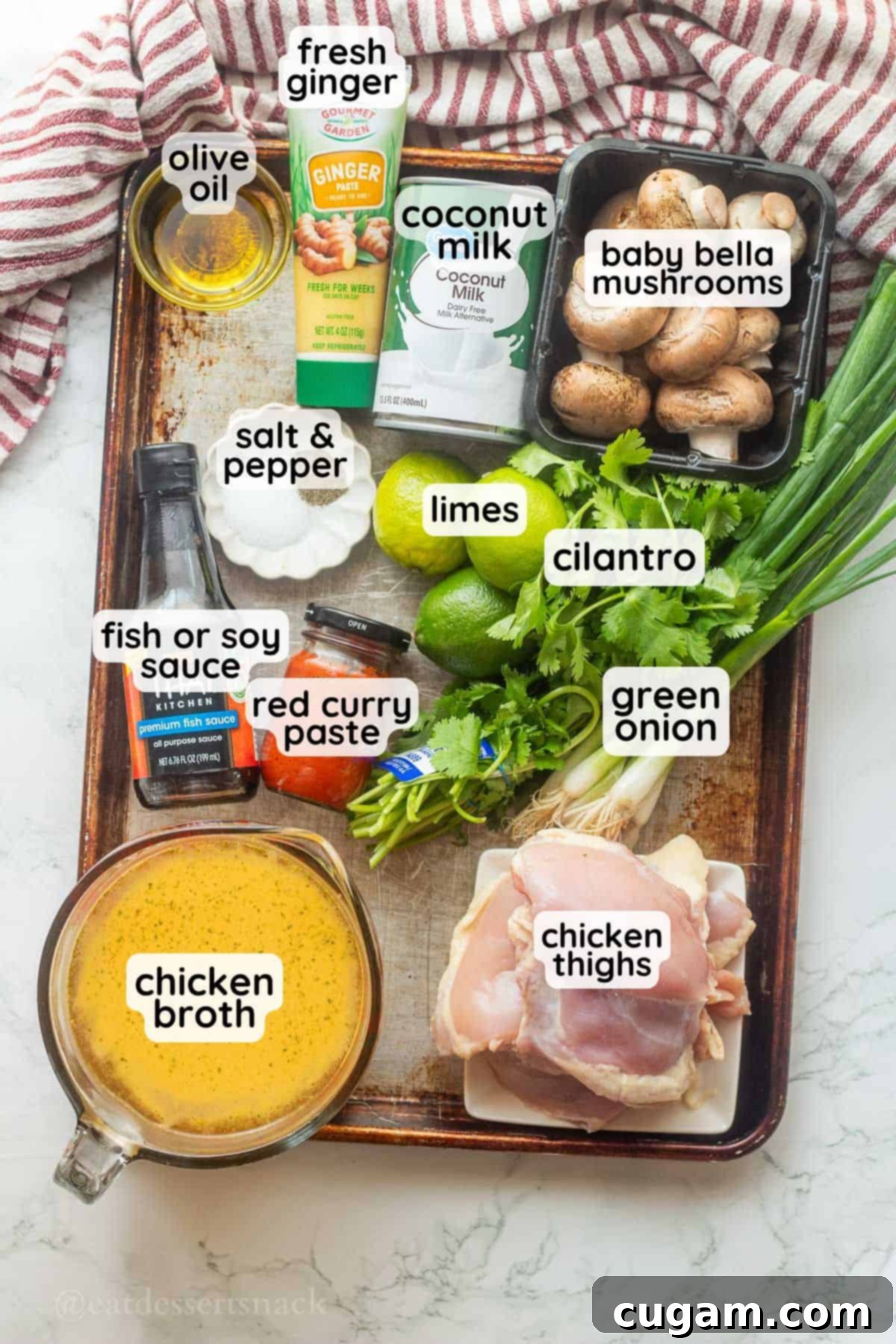 Tom Kha Gai 3 Labeled ingredients for Thai coconut chicken soup in glass bowls on metal baking pan.