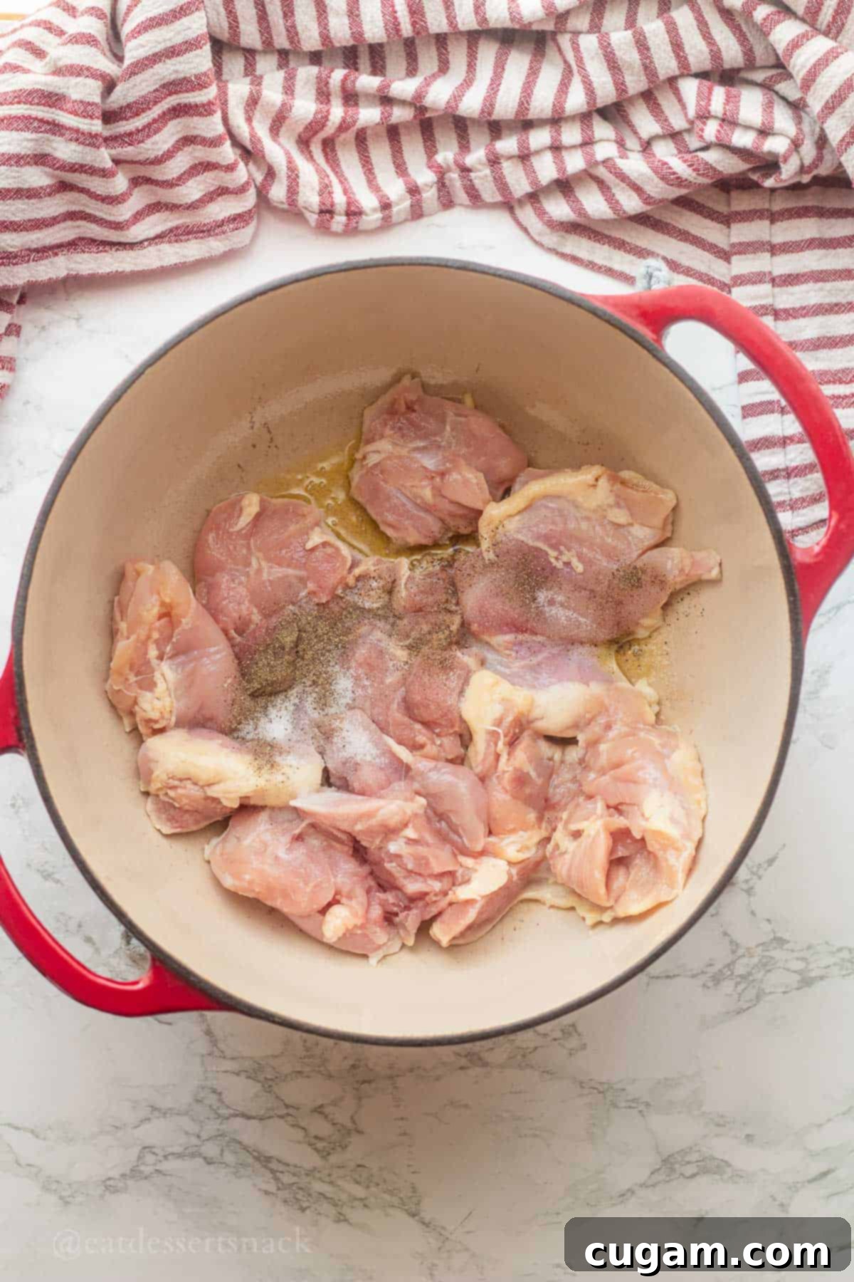 Tom Kha Gai 4 Raw chicken with seasoning in soup pot.