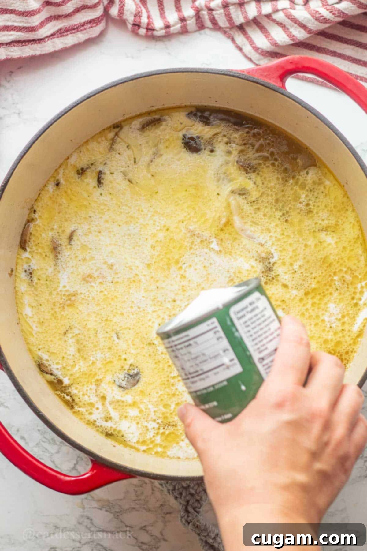 Tom Kha Gai 7 Pouring coconut milk into pot.