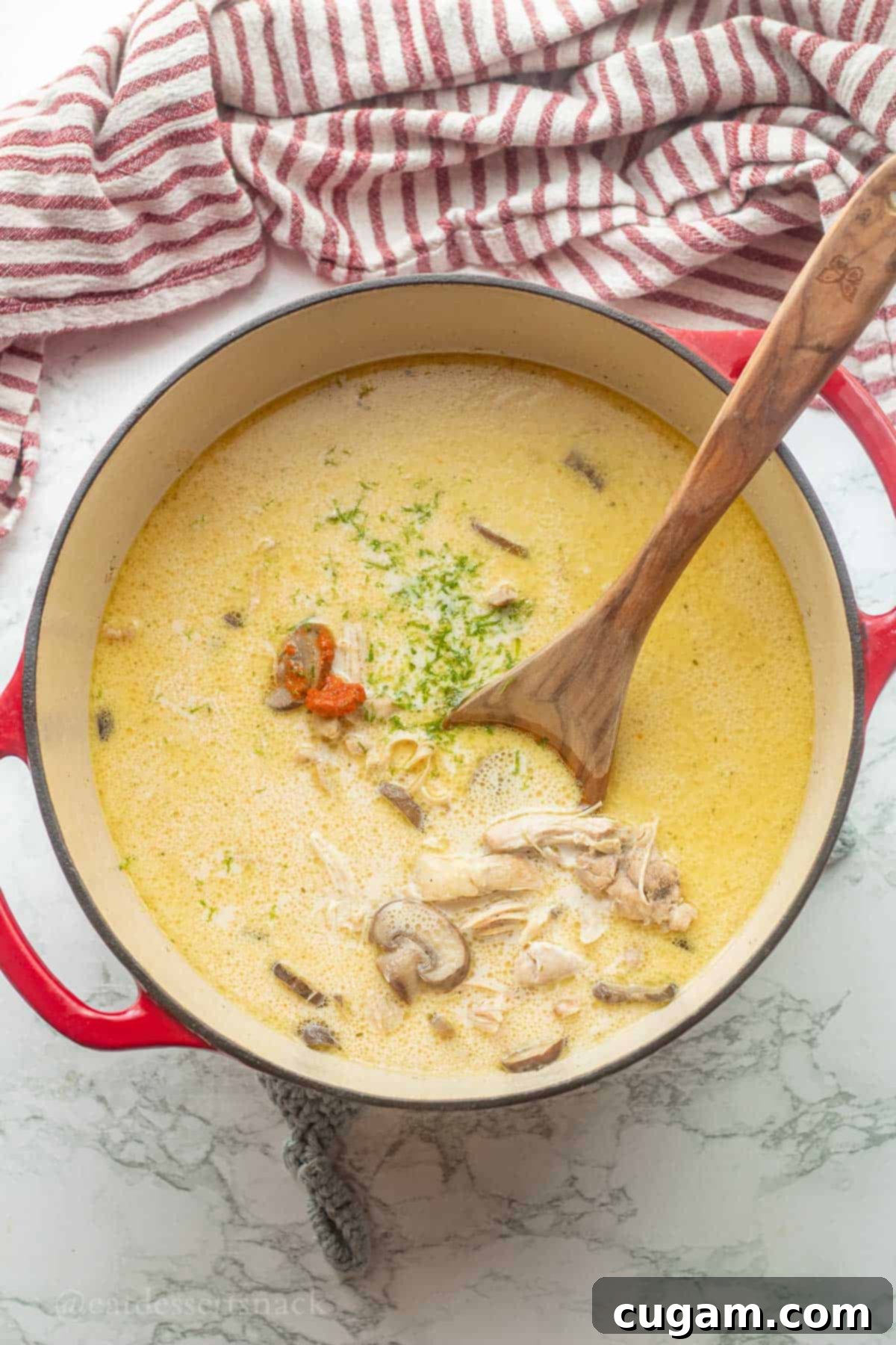 Tom Kha Gai 8 Coconut soup and red curry paste and lime zest in soup pot with wooden spoon.