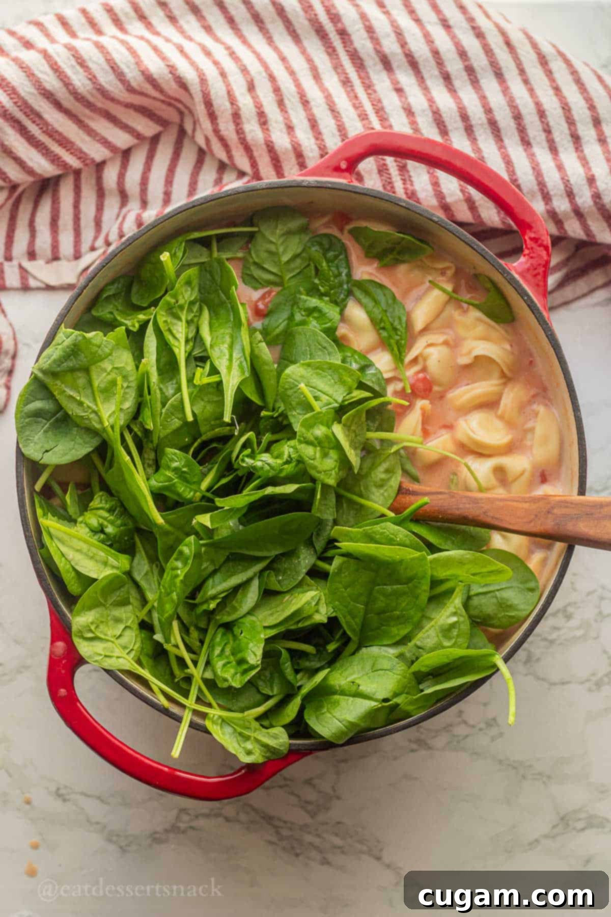 Tomato, White Bean & Tortellini Soup: A Tuscan Twist 7 Spinach in soup pot with wooden spoon and tortellini.