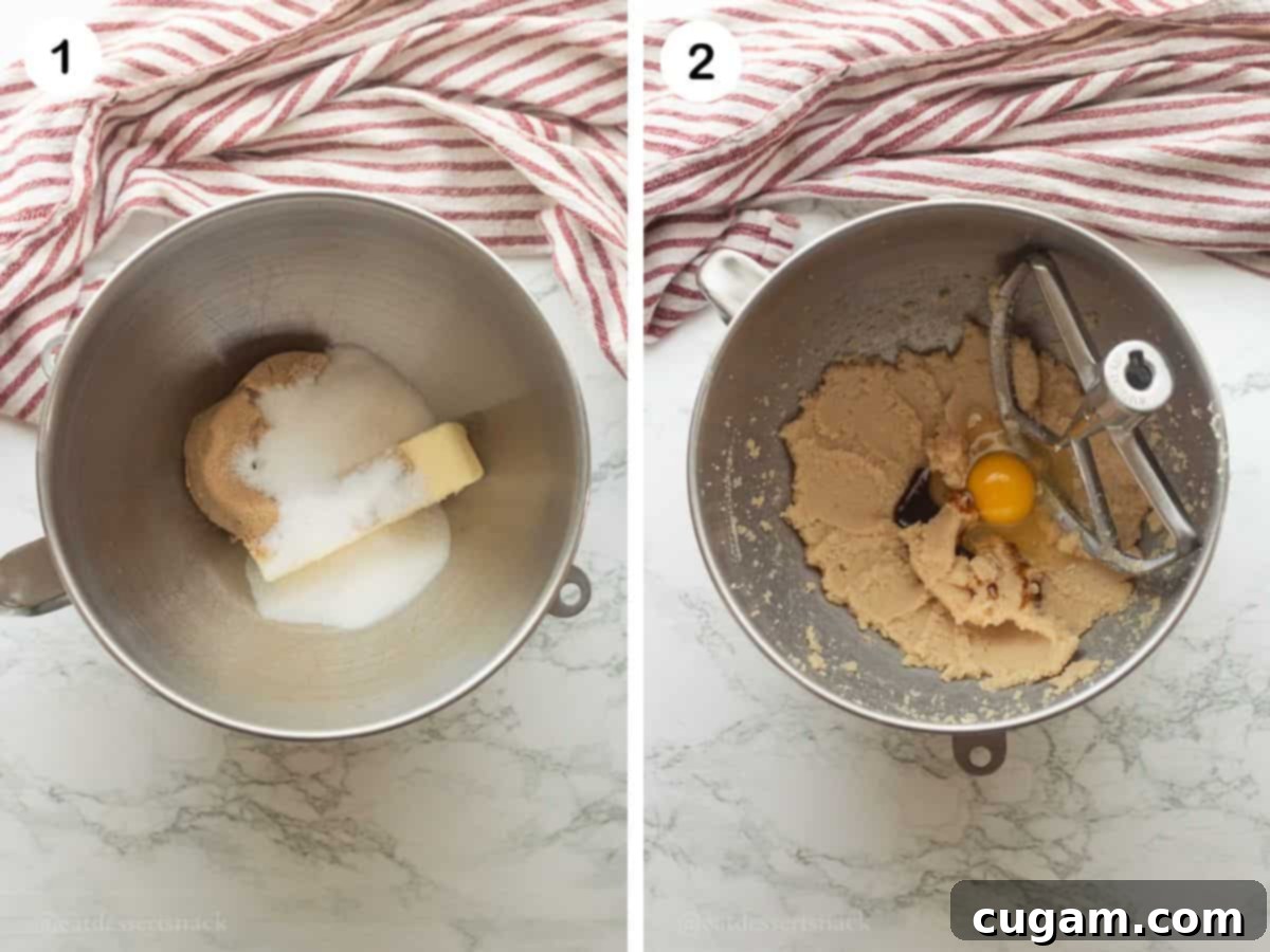 Frosted Heart Cookie Slab 4 Butter and sugar being creamed together in a mixing bowl, and an egg and vanilla extract in a separate bowl, illustrating the first steps of the recipe.