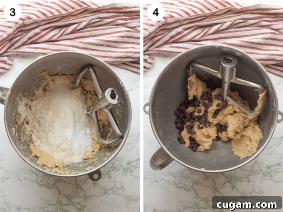 Frosted Heart Cookie Slab 5 Flour and baking soda being mixed into the cookie dough in one bowl, and chocolate chips being added in another, demonstrating the dry ingredients and final additions to the cookie dough.