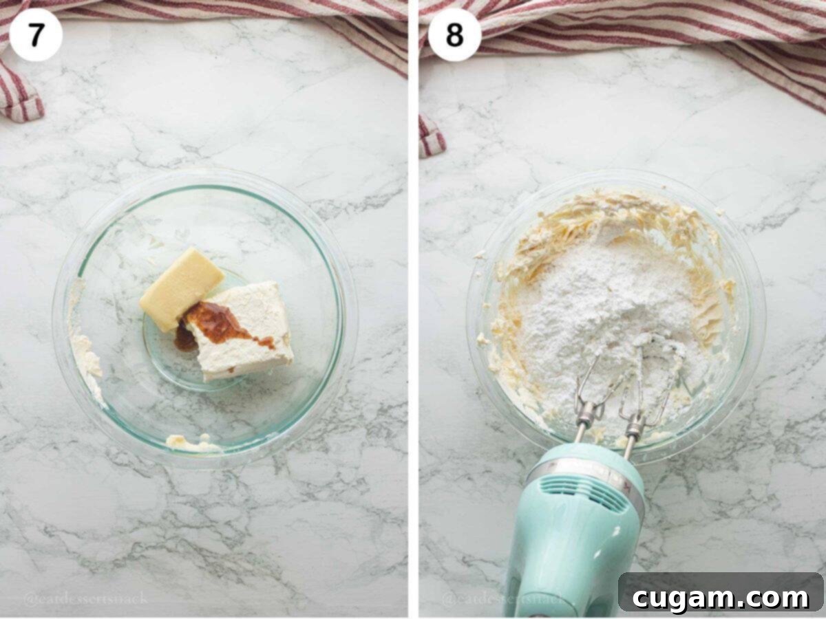 Frosted Heart Cookie Slab 7 Cream cheese and butter being mixed together in one bowl, and powdered sugar being added in another, illustrating the beginning of the frosting process.