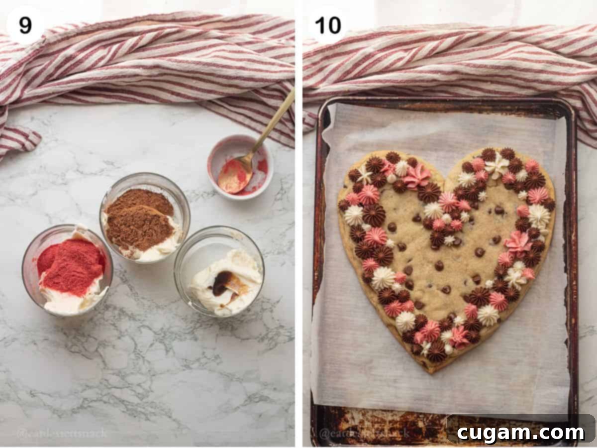 Frosted Heart Cookie Slab 8 Strawberry powder, cocoa powder, and vanilla extract being mixed into separate bowls of frosting, showcasing the creation of the three different frosting flavors.