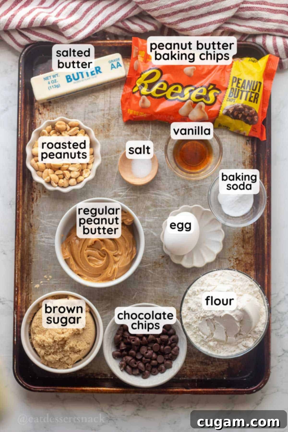 Chocolate Chip Peanut Butter Swirl Cookies 3 A neatly arranged metal baking sheet displaying all the labeled ingredients required for making these delicious peanut butter cookies.
