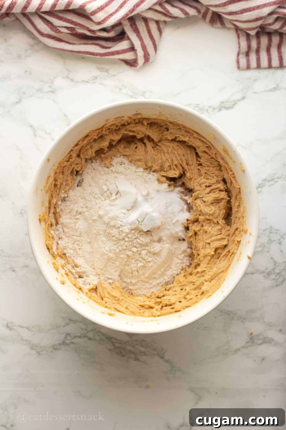 Chocolate Chip Peanut Butter Swirl Cookies 6 Flour and salt being incorporated into the cookie dough in a mixing bowl.