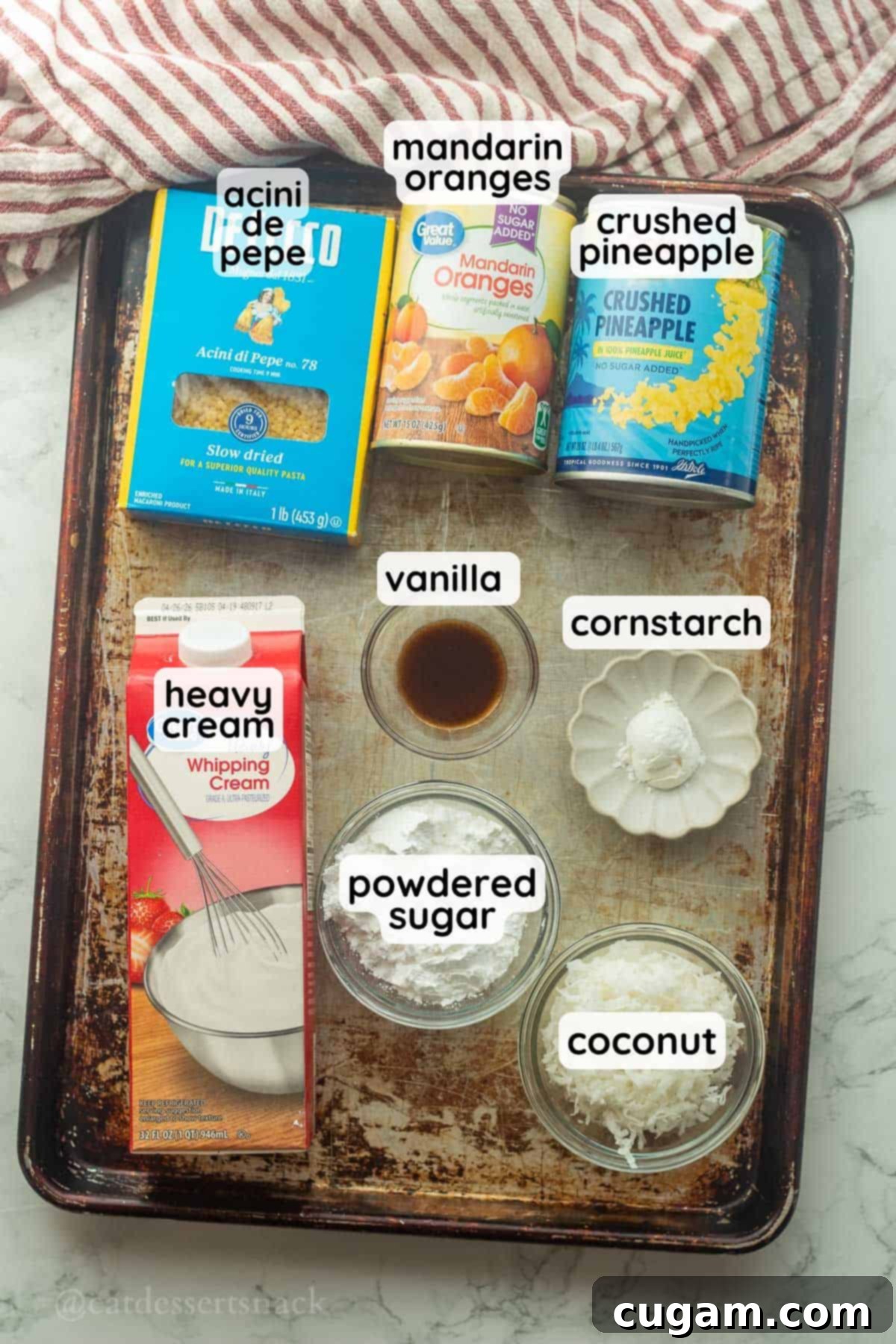 Frog Eye Salad 3 Labeled ingredients for frog eye salad on metal tray.