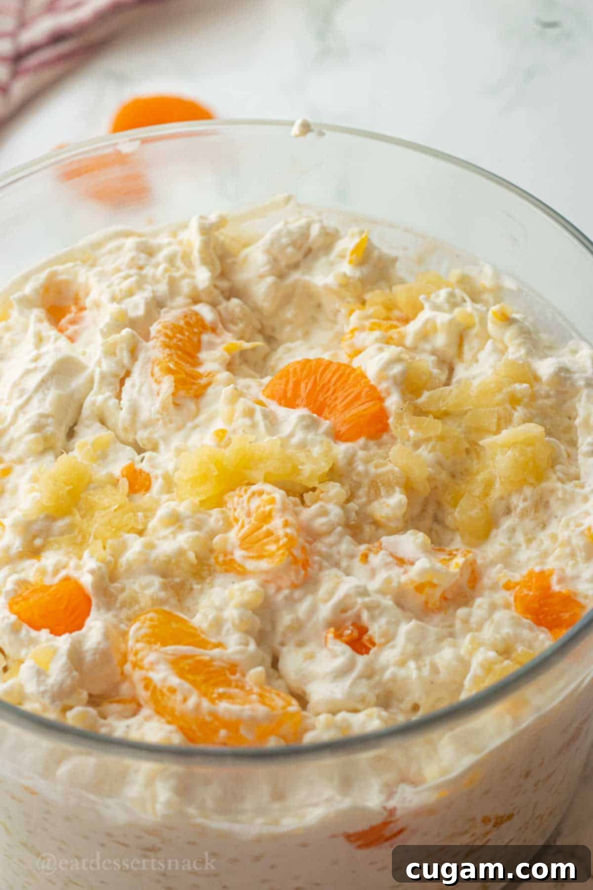 Frog Eye Salad 9 Assembled frog eye salad in large bowl.