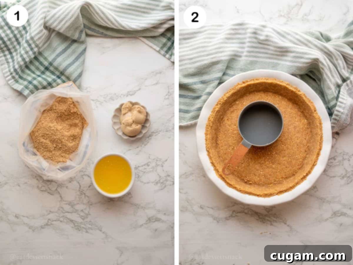 Sunshine Citrus Dream Pie 4 Ingredients for graham cracker crust in bowls and crust in pie pan pressed in.