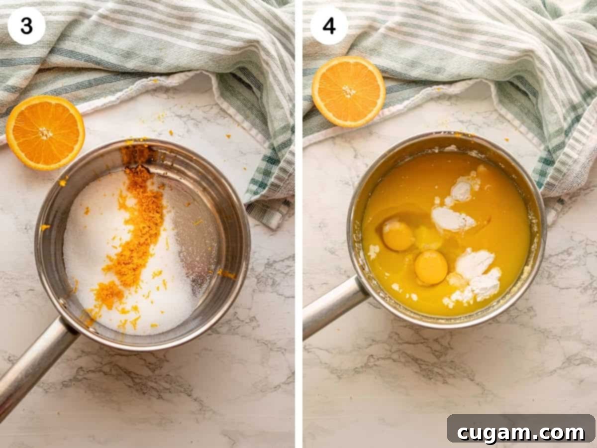 Sunshine Citrus Dream Pie 5 Zest and sugar in a pot and eggs in orange juice with cornstarch in a pot.