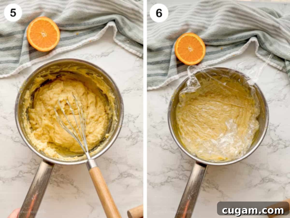 Sunshine Citrus Dream Pie 6 Cooked pie filling with whisk in a pot and plastic wrap covering the pot.