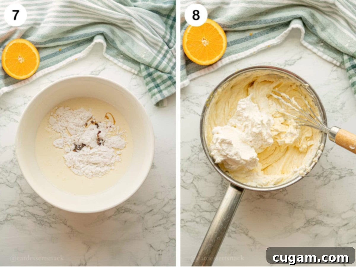 Sunshine Citrus Dream Pie 7 Whipping cream, powdered sugar, and vanilla in bowl. Whisk with whipped cream in pot of orange pie filling.