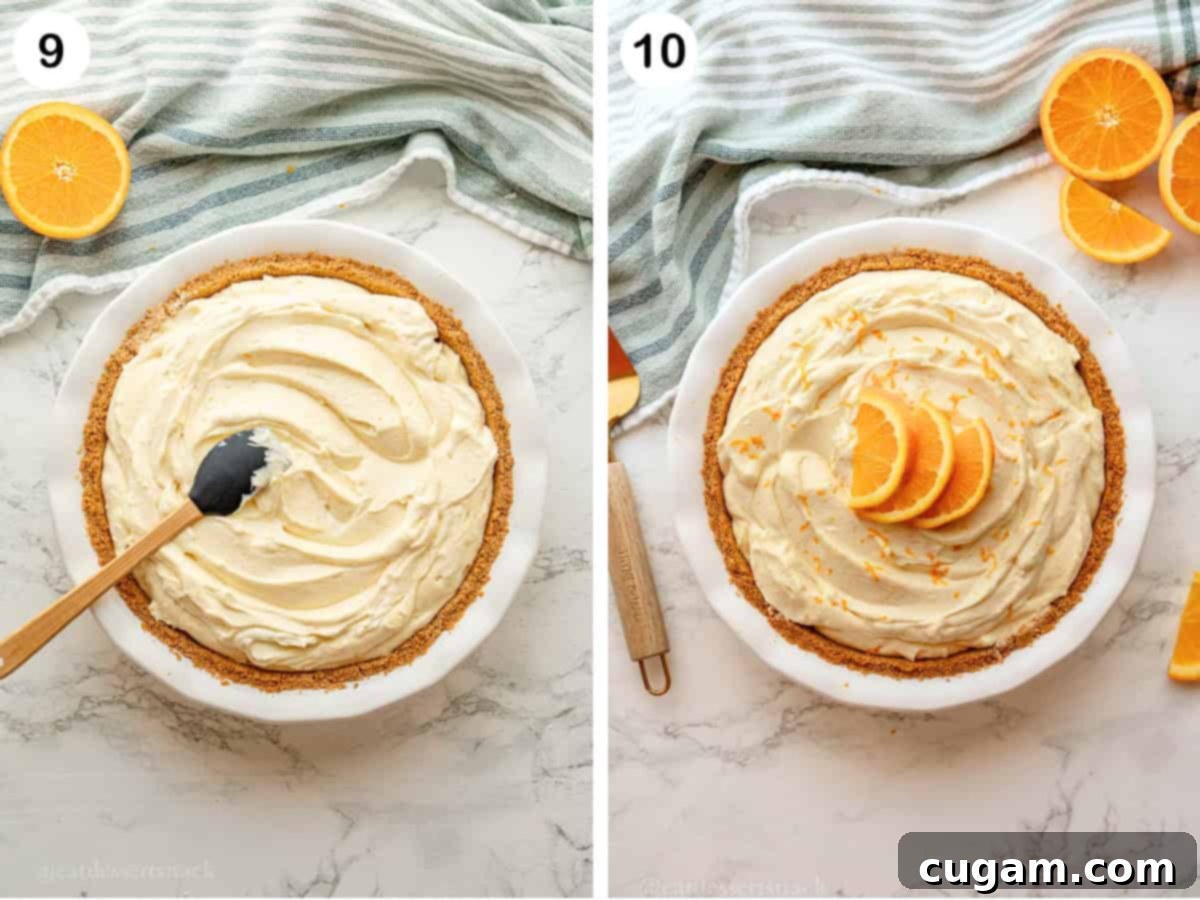 Sunshine Citrus Dream Pie 8 Smoothing orange filling into pie crust with spatula and orange slices on top of completed pie.